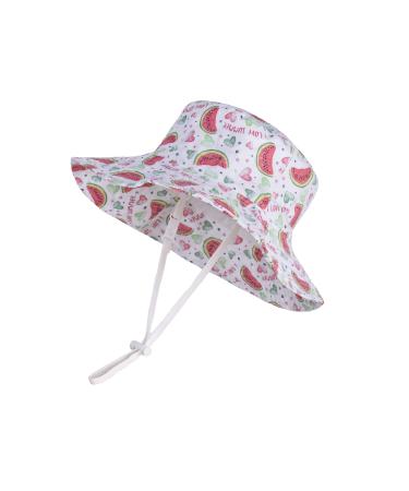 LANGZHEN Beach Sun Protection Hat for Baby Girls Adjustable Toddler Kids Hat Wide Brim Summer Play Hat with Chin Strap Watermelon 6-12 Months