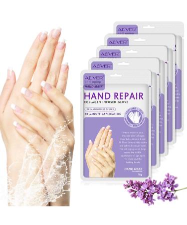 Moulis 5 pairs of lavender peeling moisturizing hand mask with serum and vitamins collagen repair of rough skin lightening and anti-aging (lavender)