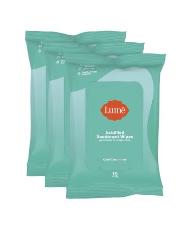 Lume Acidified Deodorant Wipes - 24 Hour Odor Control - Aluminum Free, Baking Soda Free, Skin Safe - 15 Count (Pack of 3) (Cool Cucumber)