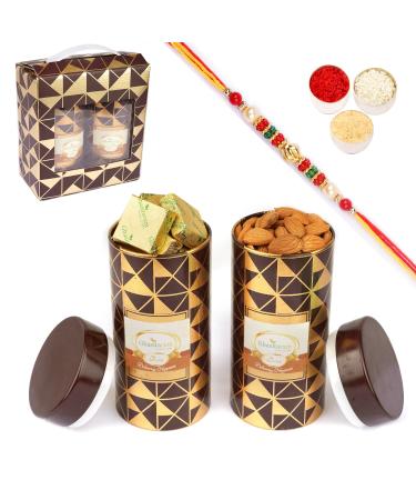Jaiccha Ghasitaram Rakhi Gifts for Brothers Box 2 Tin Jars of Almonds and MEWA Bites with Pearl Rakhi Box 2 Tin Jars of Almonds & MEWA Bites with Rakhi