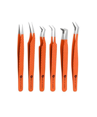 Abdul of Sialkot Fiber Tips Volume Tweezers for Eyelash Extensions Set of 6 Volume Boot Made with Perfection Micro Tip (6 Piece Set (Fiber Tip Orange)