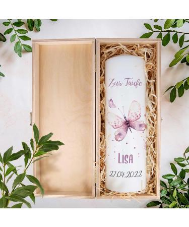 Brilliant Gravure Printed Christening Candle - Personalized Baptism Gift for Girls & Boys - High-Quality 250/80 mm Pink Butterfly Design - Buy Online on SooperMarket.com