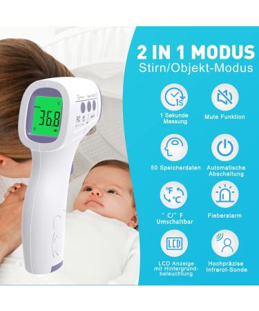 Buy Contactless Infrared Thermometer for Baby Adult & Children - Precise Fever Readings Alarm & 50 Memory Function - Digital LCD Display - White & Purple - Buy Online on SooperMarket.com