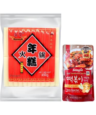 Honor Natural Original Rice Cake Tteokbokki Topokki 450g & Sempio Topokki Sauce (Hot & Spicy) 150g Bundle Set - Instant Korean Food Snacks Vmart Honor Rice Cake & Sempio Topokki Sauce Hot & Spicy