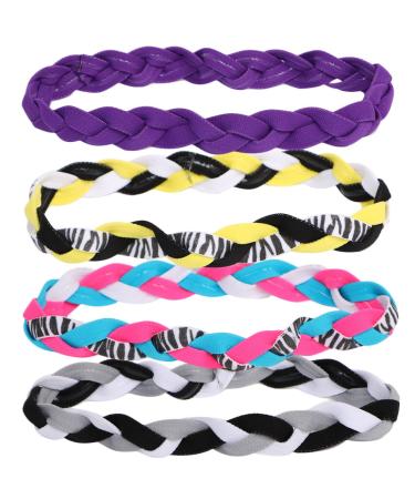 kilofly 4pc Girls Nonslip Grip Braided Headbands Teens Sports Hair Elastic Bands set4 D