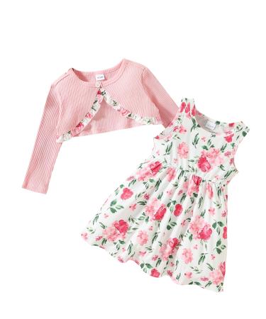 puseky Toddler Girl Dress and Cardigan 2 Piece Girl Floral Print Sleeveless Dress and Ribbed Cardigan Coat Set 4-5 Years Pink