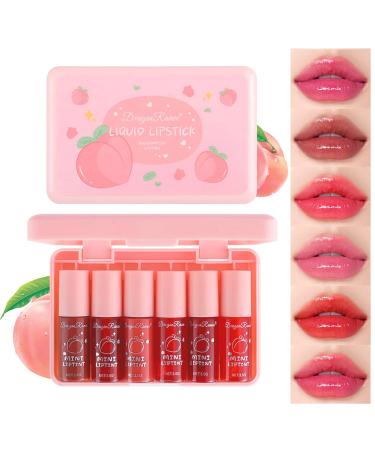 6 Colors Peach Lip Tint Stain Mini Liquid Lipstick Moisturizing Plumping Lip Gloss Multi-Use Lip and Cheek Tint Non-sticky Transfer-Proof Lip Tint Gloss Matte Finish Lip Makeup Pink