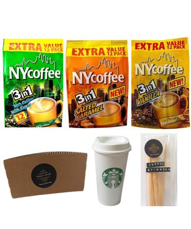 NYCoffee 3 in 1 Instant Coffee sachets|3 Flavours - Salted Caramel Vanilla & Irish Flavours Bundled with Temas Store Coffee Stirrers & Coffee Sleeves & Reusable Plastic Coffee Cup|36 Coffee Sachets