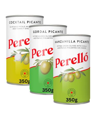 Speciality Olive Variety Bundle Containing 3 Tins of Perello Brand Olives-Manzanilla Picante Gordal and Cocktail