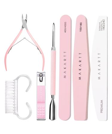 Makartt nail file and buffer pink basic nail preparation set with a nail skin trimmer manicure set for beginners nail care set with a nail skin clipper nail skin trimmer and nail brush (7 pieces) 7 pieces of pink manicure set