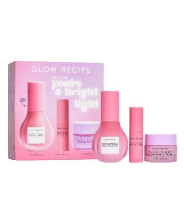 Glow Recipe Hey You You're a Bright Light Kit - Guava Vitamin C Dark Spot Serum (30ml) Guava Vitamin C Bright-Eye Gel Cream (5ml) + Plum Plump Hyaluronic Cream (15ml) to Fade Spots & Plump Skin