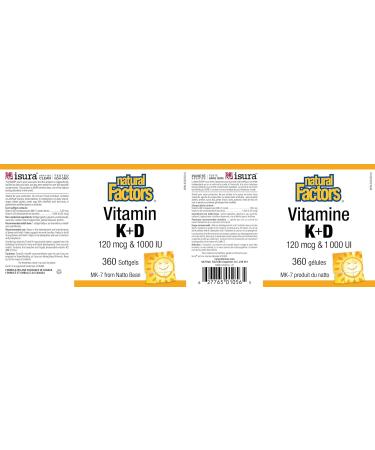 Natural Factors Vitamin K2+D3 120mcg & 1000iu 360 softgels MK-7 From Natto Bean Help build and maintain bone health. - Buy Online on SooperMarket.com