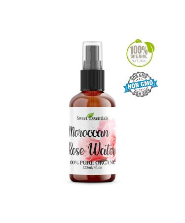 Premium Organic Moroccan Rose Water - 100% Pure Food Grade - 4oz Glass Bottle - Hydrate & Rejuvenate Your Skin - Imported by Sweet Essentials - Buy Online on SooperMarket.com