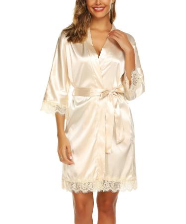 BESDEL Women's Satin Silk Bathrobe Oblique V-Neck Short Kimono Robe Bridesmaids Robe L Beign
