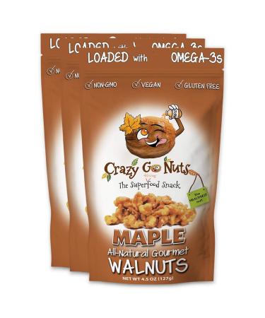 Crazy Go Nuts Walnuts - Maple, 4.5 oz (3-Pack) - Healthy Snacks, Vegan, Low Carb, Gluten Free, Superfood - Natural, Non-GMO, ALA, Omega 3 Fatty Acids, Good Fats, and Antioxidants