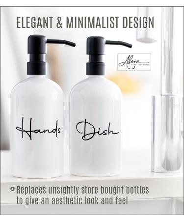 Alora Hand Soap Dispenser and Liquid Dish Soap Dispenser for Kitchen Sink - Set of 2 - Black Metal Pumps - Reusable Plastic Bottle with Easy to Read Lettering - Countertop Replacement Refill Set of 2 (16 Ounce) White - Buy Online on SooperMarket.com