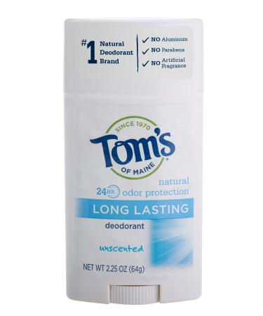 Tom's of Maine Natural Deodorant Stick  Aluminum Free  Long Lasting  Unscented  2.25 Ounce