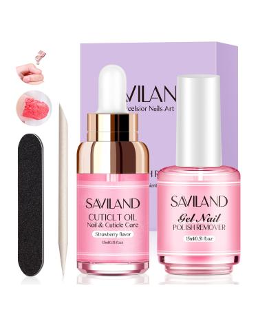 Saviland Gel Nail Polish Remover Kit 2*15ML Gel Nail Polish Remover with Cuticle Oil Strawberry Flavor Remove Gel Polish Quickly & Easily No Need for Soaking or Wrapping Moisturize & Sooth Cuticle Pink Gel Nail Polish Remover