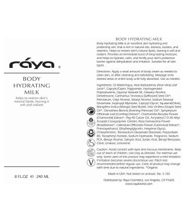 Raya Body Hydrating Milk 8 oz - Moisturizing & Restorative Body Lotion with Natural Oils & Vitamins | Softens & Calms Skin | International Shipping Available - Buy Online on SooperMarket.com