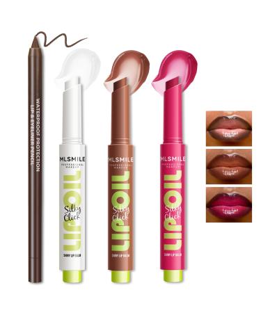 Moisturizing Solid Lip Gloss Jelly Lipstick 3Color Lip Oil Slick Click Lip Plumper with Dark Brown Lip Liner Glossy Lightweight Pigmented Non Sticky Tinted Lip Balm Makeup Gift Set for Women 0.05 Ounce (Pack of 4)