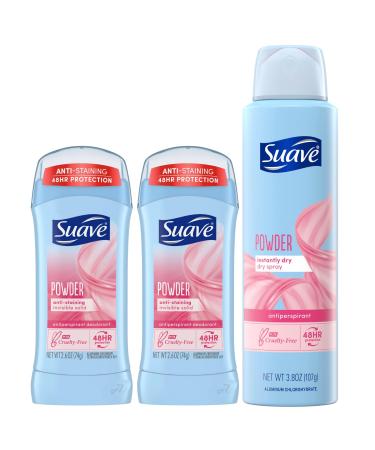 Suave Deodorant for Women Powder Bundle Invisible Solid Antiperspirant Deodorant Stick 2-Pack + Antiperspirant Dry Spray 48H Protection