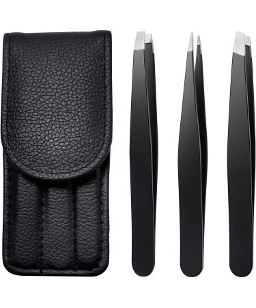 TOPMEET Eyebrows Tweezers Set,Stainless Steel Precision Remover Kit for Facial Hair, Inward Growing Hair and Splinter,Suitable for Women, Men (Black)