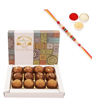 Ghasitaram Gifts Jaiccha Rakhi Gifts for Brothers - Assorted laddoos Box 12 Pcs with Pearl Beads Rakhi