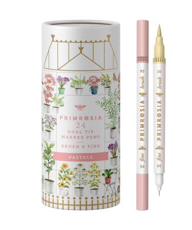 Primrosia 24 Pastel Dual Tip Markers, Fine Tip and Brush Pens. Perfect for art, illustration, drawing, calligraphy and bullet journals Pastel Colors
