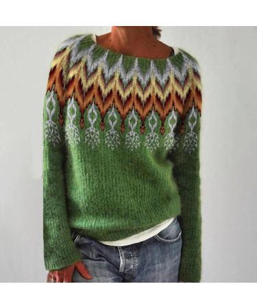 Tainrunse Sweater for Women Loose Fit Vintage Round Neck Long Sleeves Color-block Fashionable Pullover Autumn Green XX-Large - Buy Online on SooperMarket.com