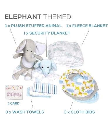 Elephant Theme Newborn Gift Basket for Boys or Girls - Baby Shower Essential Bundle with Registry Must-Haves and Card Included - Buy Online on SooperMarket.com