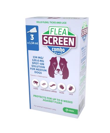 FLEA SCREEN combo Medium Dog (3 Pipettes): Flea Treatment for Dogs - Kills Fleas Flea Eggs & Ticks - Provides 12 Weeks Flea and Tick Treatment for Medium Dogs (10-20kg).