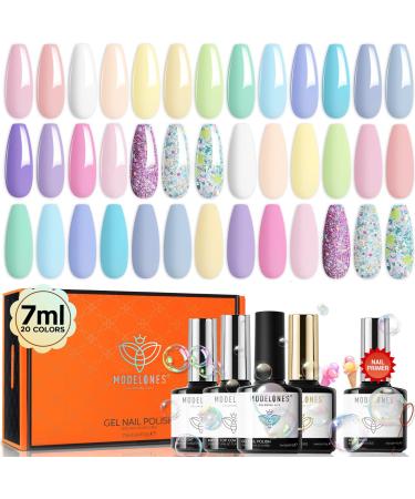 Modelones 24Pcs Pastel Gel Nail Polish Set 20 Colors Glitters Gel Polish Set with Glossy & Matte Top Base Coat and Bond Primer Macarons Nail Gel Art Manicure Home DIY Gifts for Women