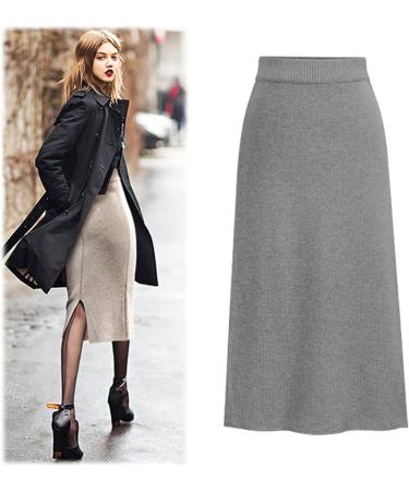 Sanahy Women's Ribbed Knit Split Midi Skirt - XL Gray | High Waist Bodycon Business Pencil Skirt - Buy Online on SooperMarket.com
