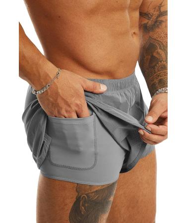 Ouber Men's 2 Running Shorts with Liner - Grey Large | Workout & Gym Shorts - Buy Online on SooperMarket.com