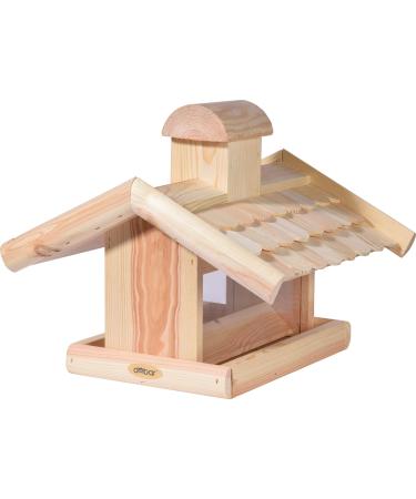 Dobar 21277E large bird feeder with feed silo - bird house made of solid wood - bird villa with wooden shingle roof - bird feeding station for container montage - 38 x 38 x 30 cm - Nature bird house wooden shoe roof