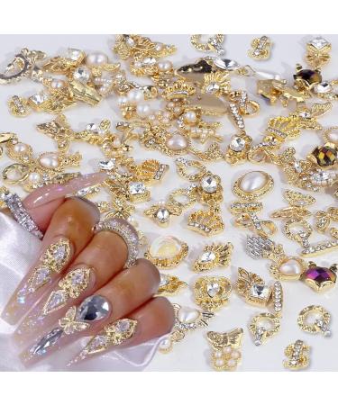 Dornail 50pcs Gold Nail Charms for Acrylic Nails  Mix Styles Shiny Pearl Alloy Nail Rhinestones Flower Butterfly Heart Star Charms for Nails Women Nail Jewels Nail Decorations for Nail Art Charms