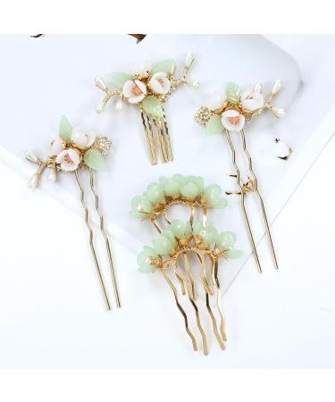 Vintage Asian Chinese Hanfu Pearl Green Jade Hair Combs & Pins Set | Hair Accessories for Women & Girls - Buy Online on SooperMarket.com