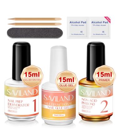 Saviland Nail Dehydrator and Primer PH Bond Set with Gel x Nail Glue - 3+13PCS Nail Dehydrator and Primer for Gel Nails Full Nail Prep Kit Acid-free Primer for Acrylics No-Lifting A - Nail Dehydrator and Primer & Glue Ge...