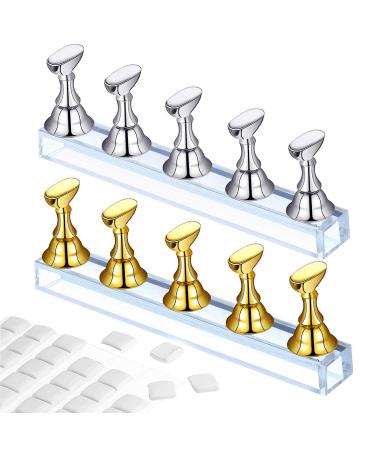 2 Set Acrylic Nail Practice Stand Magnetic Nail Tip Art Display Stand Holder Manicure Tool with Reusable Adhesive Putty Clay for Home Salon Makeup Golden and Silver