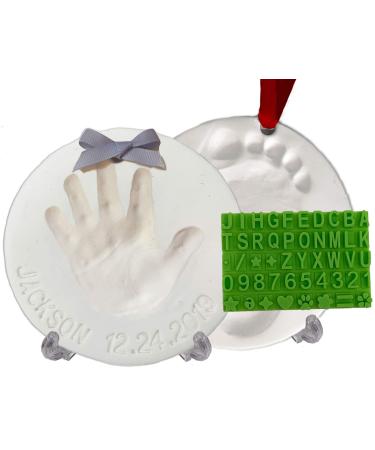 Baby Handprint Footprint Keepsake Ornament Kit (Makes 2) - Bonus Stencil for Personalized Christmas, Newborn, New Mom & Shower Gifts. 2 Easels! Non-Toxic Clay, Air-Dries Light & Soft, Won't Crack.