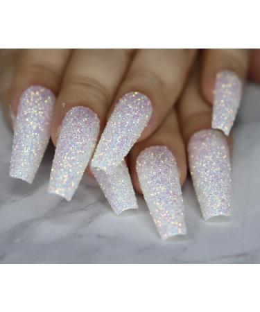 MISUD Glitter Long Coffin Fake Nails - White Ballerina Shape Acrylic Nails for Women & Girls - Buy Online on SooperMarket.com