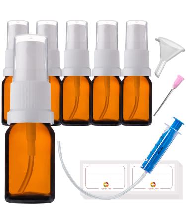 Handsunity 5 ML-6Stk spray glass bottle- pharmacy amber glass bottle set with white atomizer glass spray bottle made of brown las including 17 accessories 5ml 6 pieces white cap