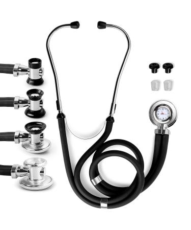 Primacare DS-9298 Black Medical Clock Stethoscope with Analog Watch 22" Tubing Convertible Regular Sprague Rappaport Stethoscopes First Aid Emergency Essential Kits with Headset