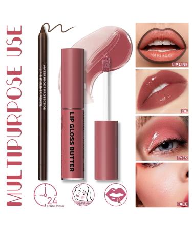 Butter Gloss Moisturizing Lip Combo - High Shine Plumping Gloss & Brown Lip Liner Set - Non-Sticky Liquid Lipstick - Long Wear Makeup #12 - 0.27 Fl Oz (Pack of 2) - Fresh & Lightweight - Buy Online on SooperMarket.com