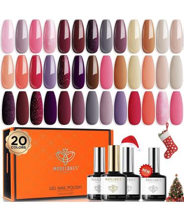 Modelones 24 Pcs Gel Nail Polish Set 20 Colors Nude Gray Pink Glitters Gel Nail Polish Set with Bond Primer Glossy & Matte Top Base Coat Nail Art Manicure DIY Salon at Home Brown Gray Pink Purple Red