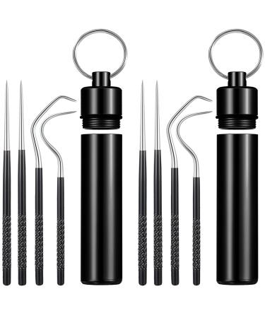 Portable Titanium Toothpicks Pocket Set Reusable Metal Stainless Steel Toothpicks with Holder for Outdoor Picnic and Camping (Black 2 Sets) 2 Black