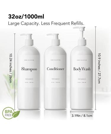 MOIIKKO 32oz Refillable Shampoo and Conditioner Bottles - Pack of 3, White Dispensers with Waterproof Labels - Modern Bathroom Accessories - Buy Online on SooperMarket.com