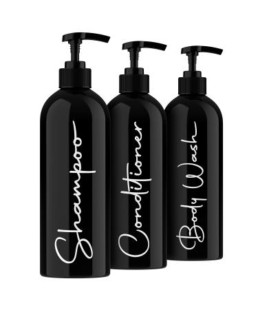 Alora Home Essentials Reusable Shampoo and Conditioner Bottles - Set of 3 Matte Black Permanent Stylish Labels 16oz Pump Bottle Dispenser Body Wash Plastic Refillable (MBBW16) Set of 3 (16oz) Black