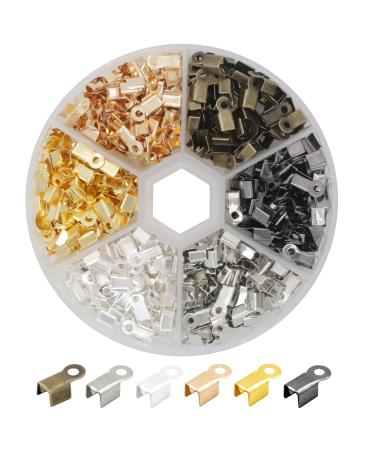 Auvoau 600Pcs 6 Color Fold Over Crimp Cord Ends Metal Leather Ribbon Ending Clasp Tips End Clamp Jewelry Connector for DIY Necklace Bracelet Jewelry Making 8x4mm