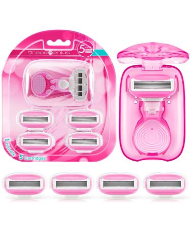 Travel Razors for Women Include 1 Handle and 5 Cartridges Extra Smooth 5-Blade Mini Razor with Travel Case Portable Travel Size Toiletries for Women Pink